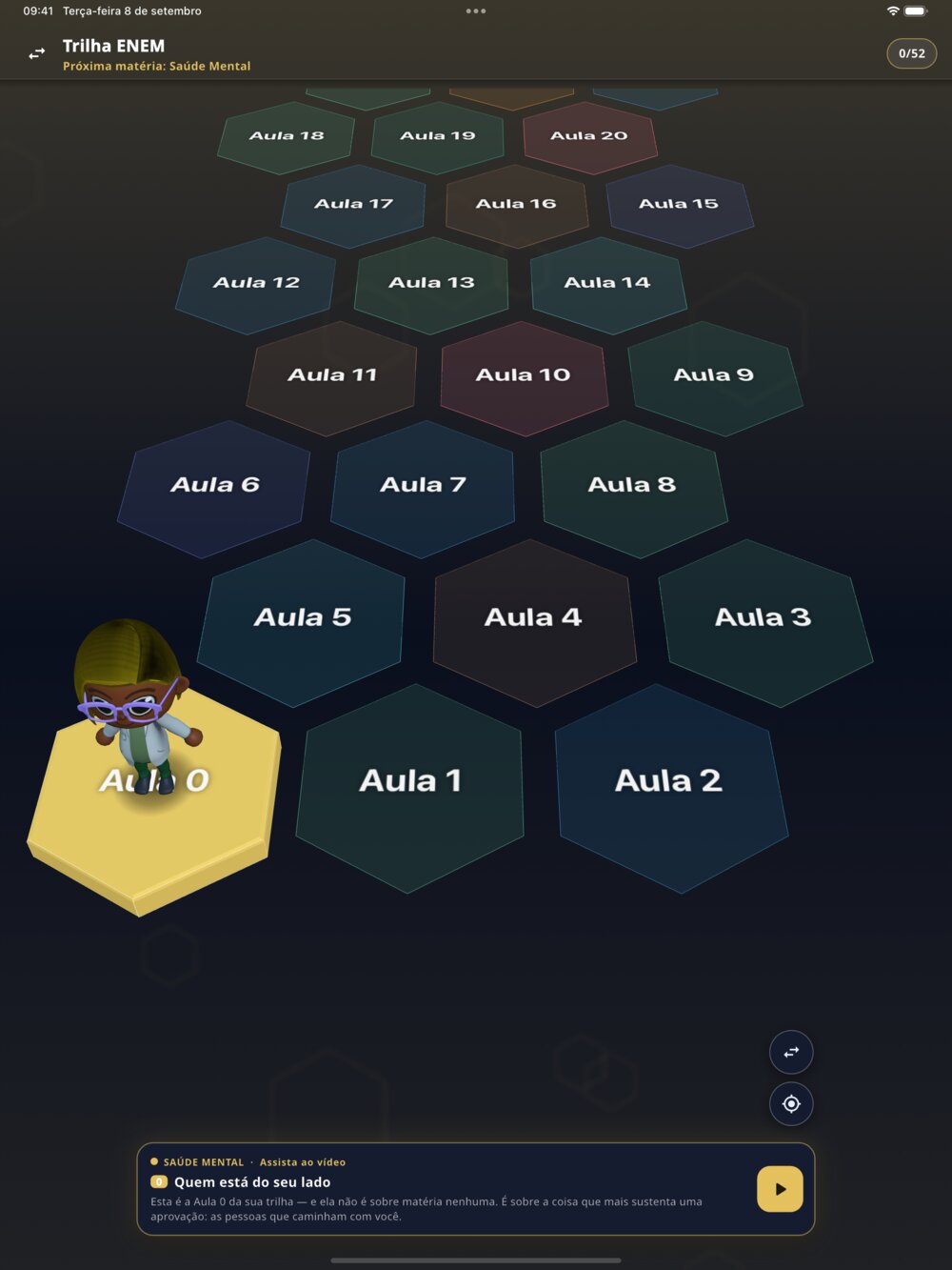 Trilha ENEM no aplicativo DIMVS: mapa de etapas em hexágonos, com o avatar sobre a Aula 0 e as próximas aulas à frente
